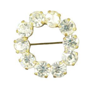 Rhinestone Brooch Round Clear Vintage Small Wreath 1 inch Modest Gold Tone Prong